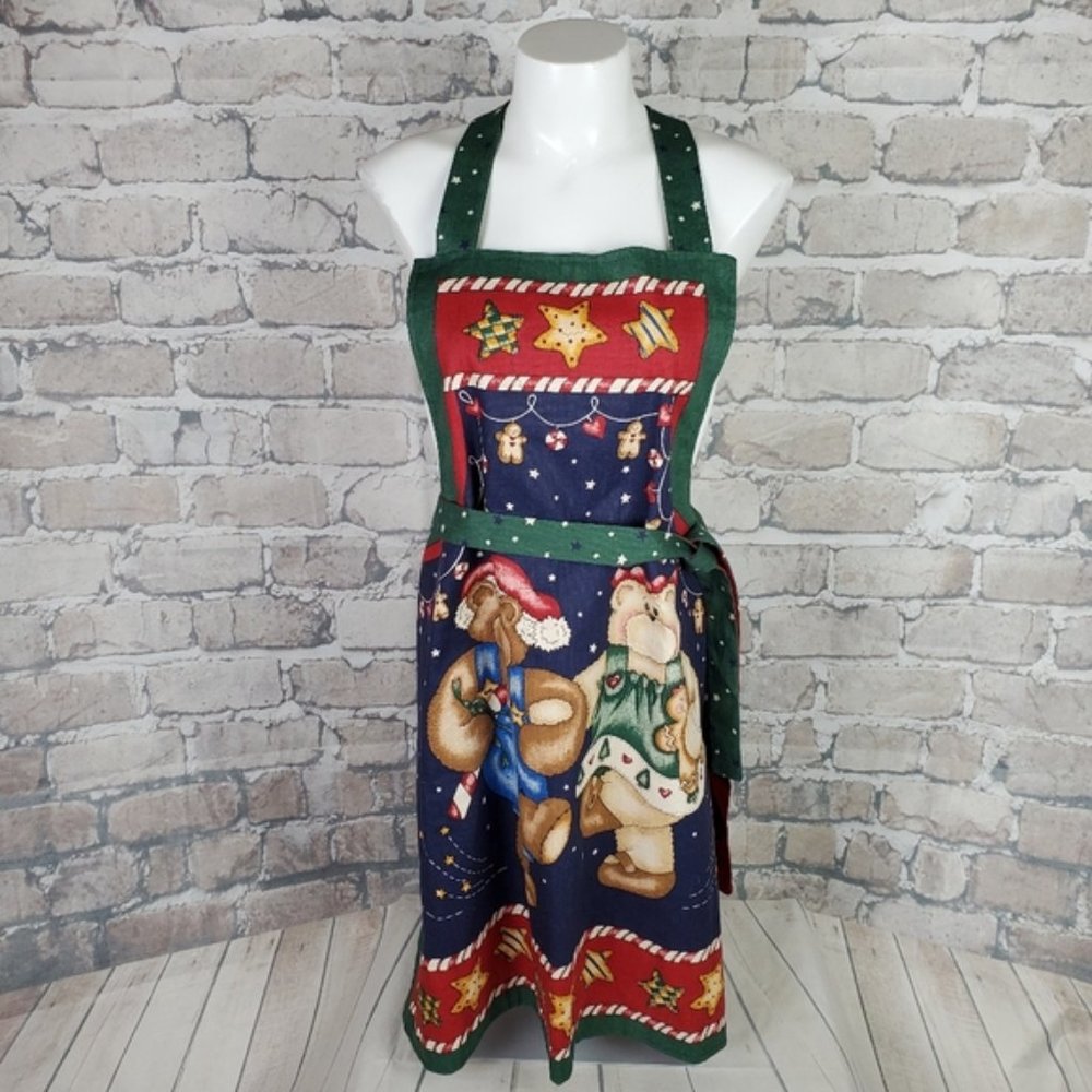 Vintage Handmade Reversible Full Bib Apron Teddy Bears Navy Red